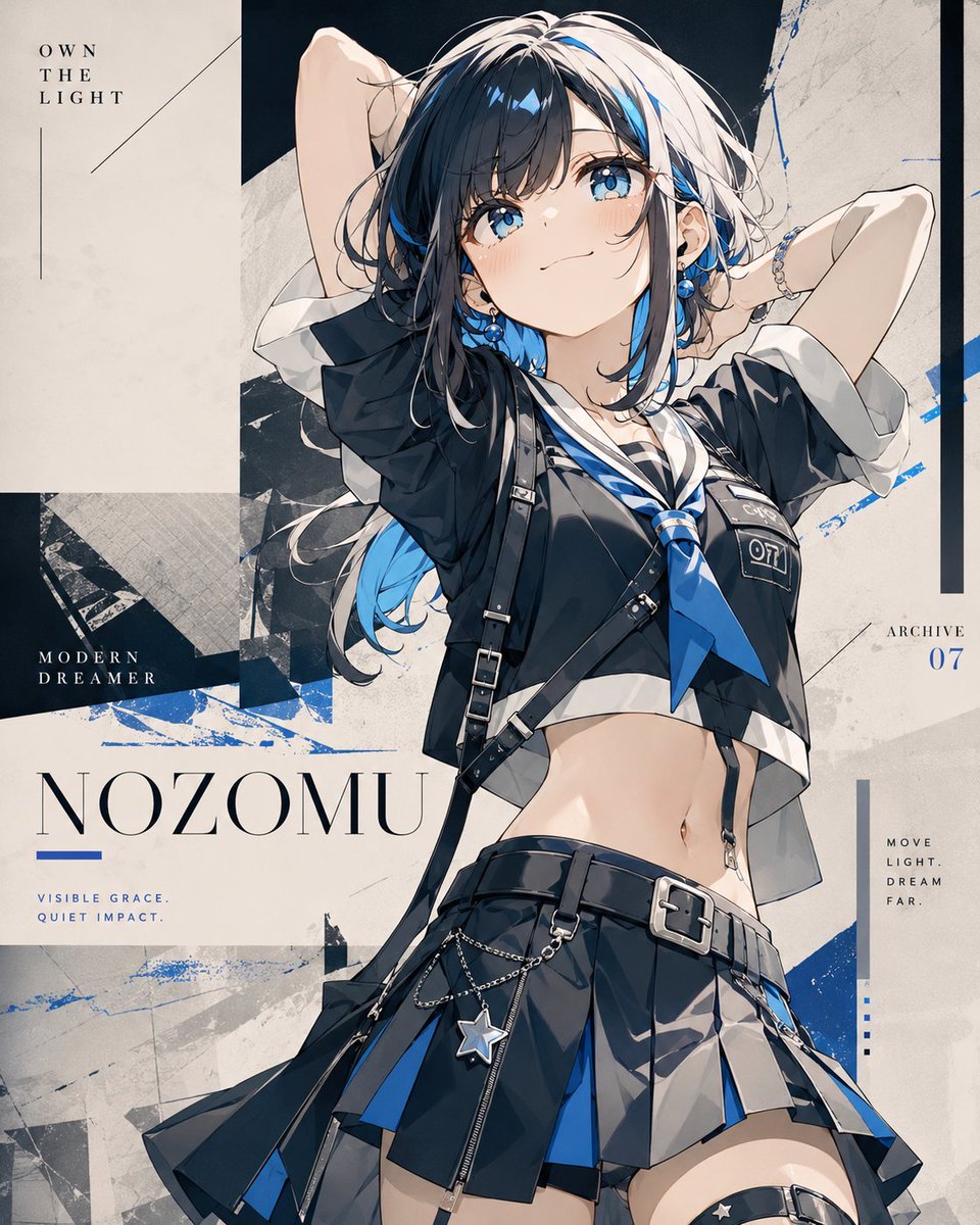 AI Prompt for Anime Fashion Poster: Generate a Stylish Blue-Black Streetwear Character and Magazine-Style Typography