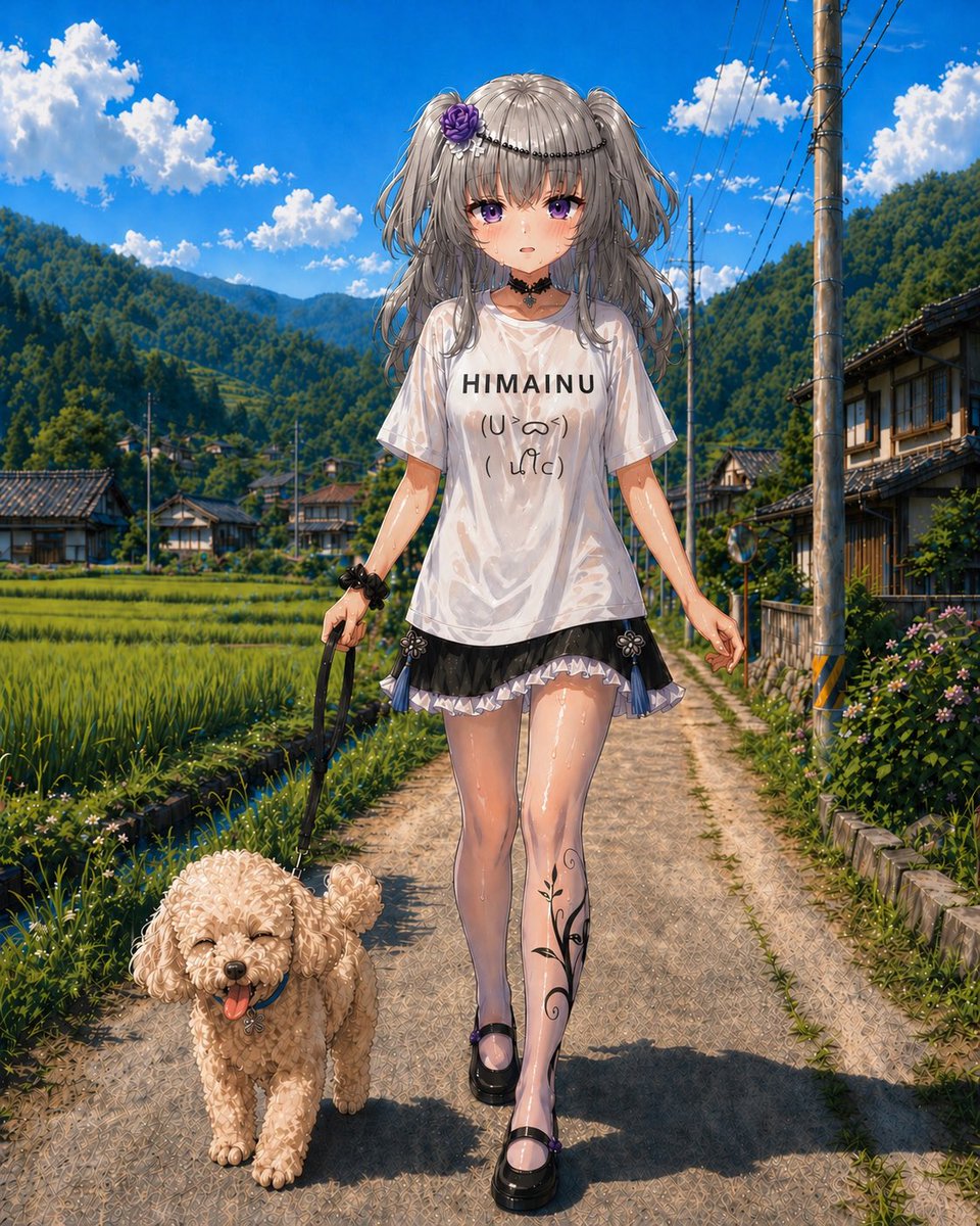 AI Prompt for Anime-Focused Rural Japanese Village Backgrounds with a Walking Dog