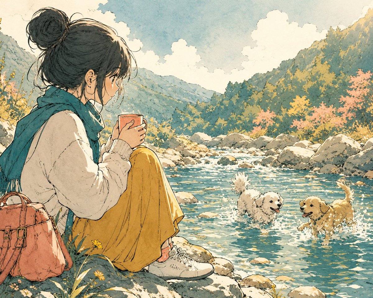 AI Prompt for Anime Girl Illustration with River and Coffee