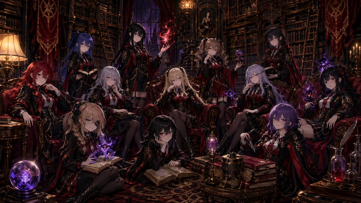 AI Prompt for Anime Gothic Library Group Portrait