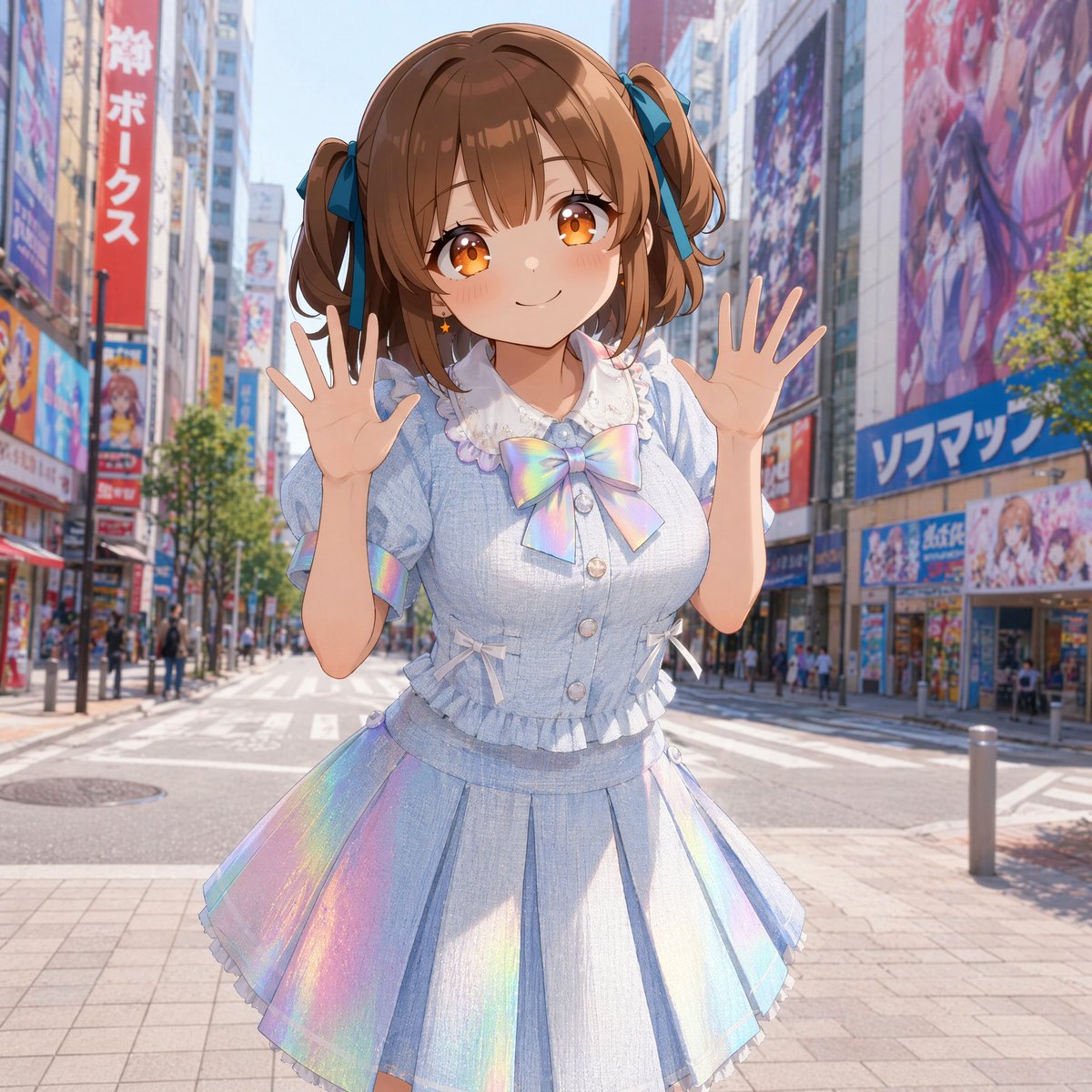 AI Prompt for Anime Idol Character in Pastel Holographic Outfit on Akihabara Street
