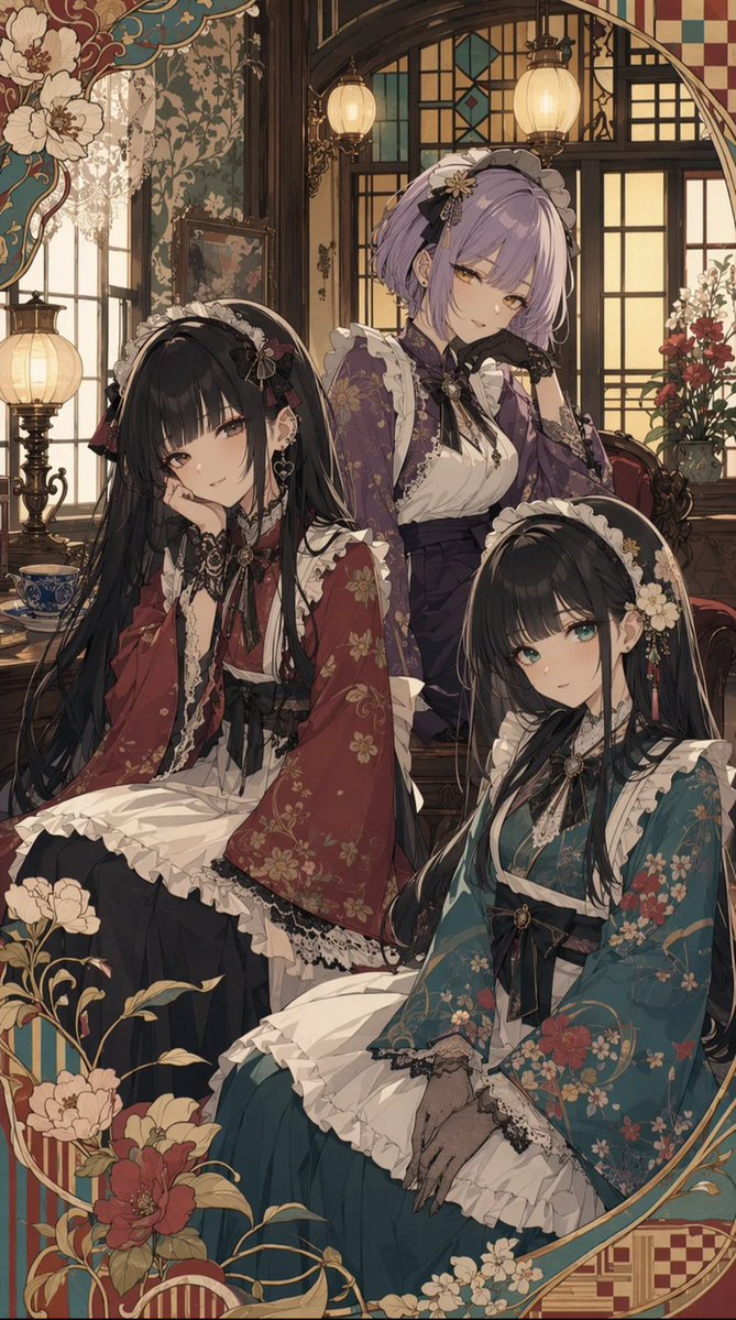 AI Prompt for Anime Illustration of Wa-Lolita Girls in Ornate Taisho Interior