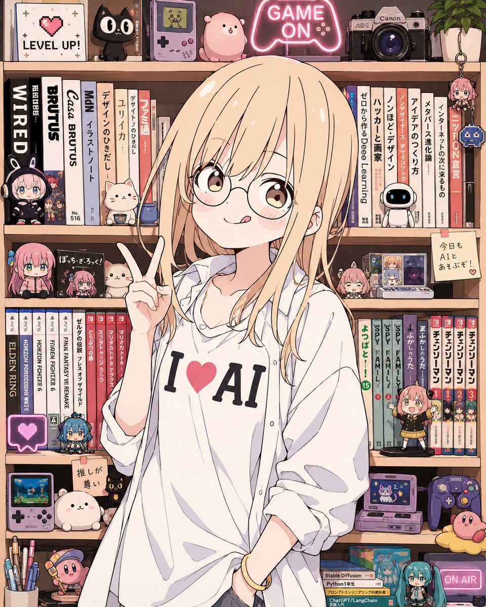 AI Prompt for Anime-Inspired Bookshelf Scene with AI Gamer Girl