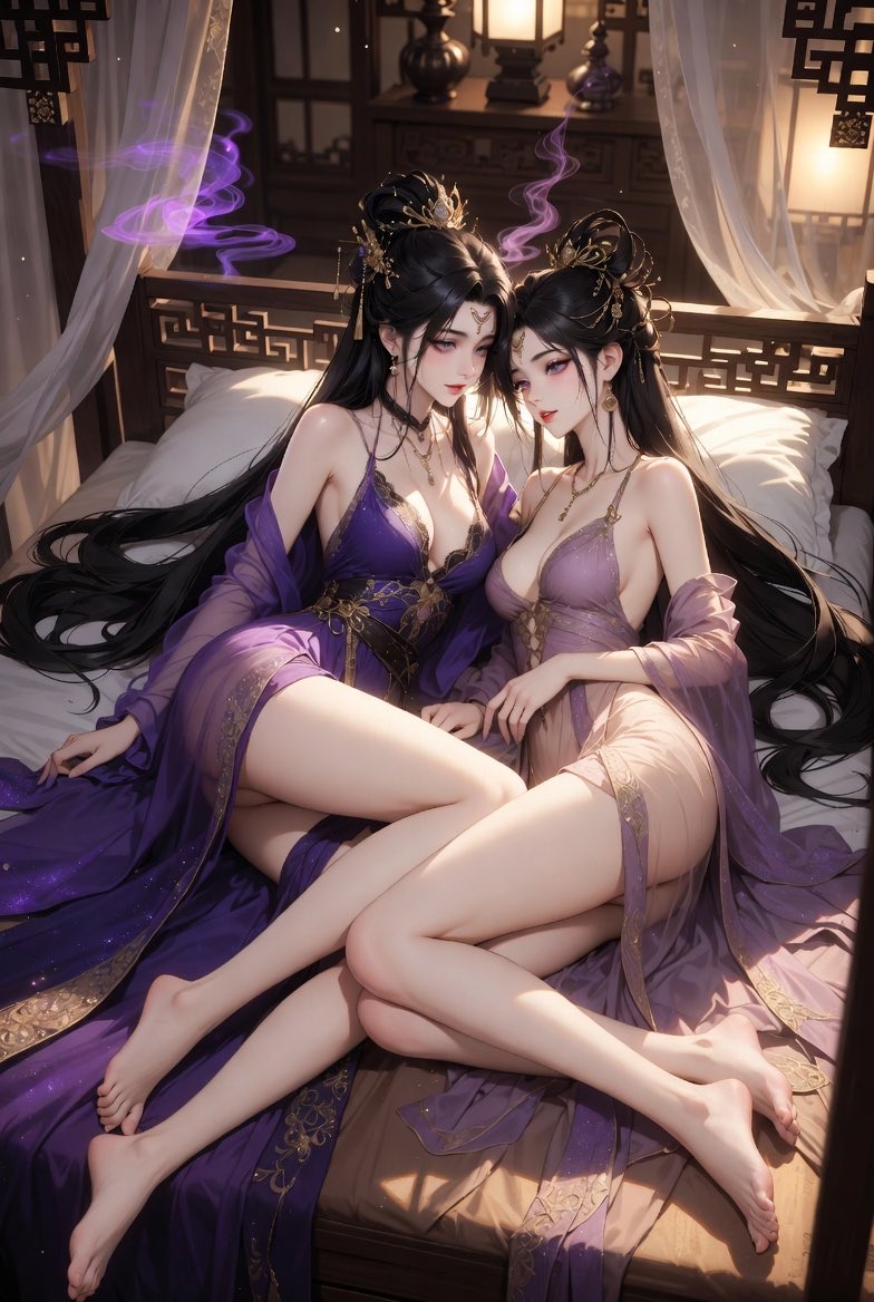 AI Prompt for Anime-Inspired Fantasy Palace Bedroom Scene with Coupled Female Characters