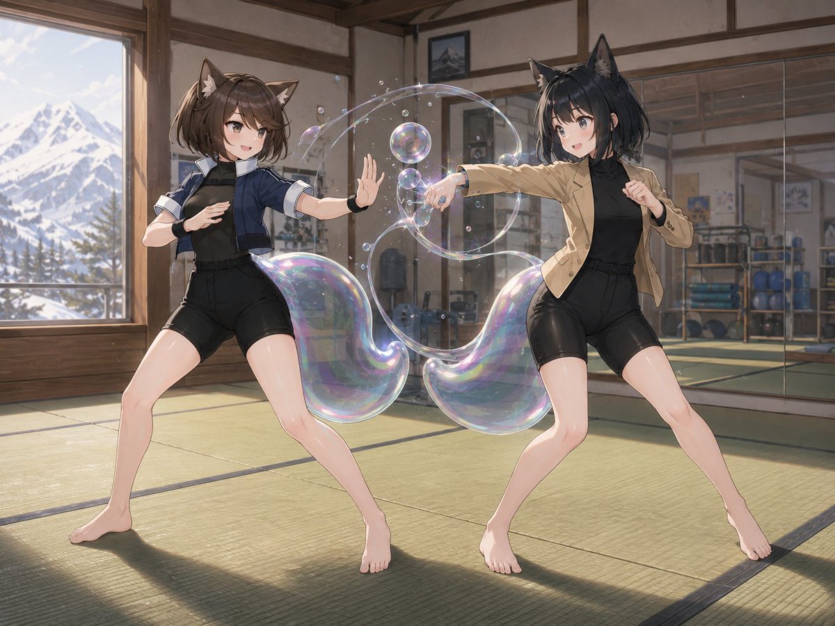 AI Prompt for Anime-Inspired Fox-Eared Sparring Scene with Iridescent Effects