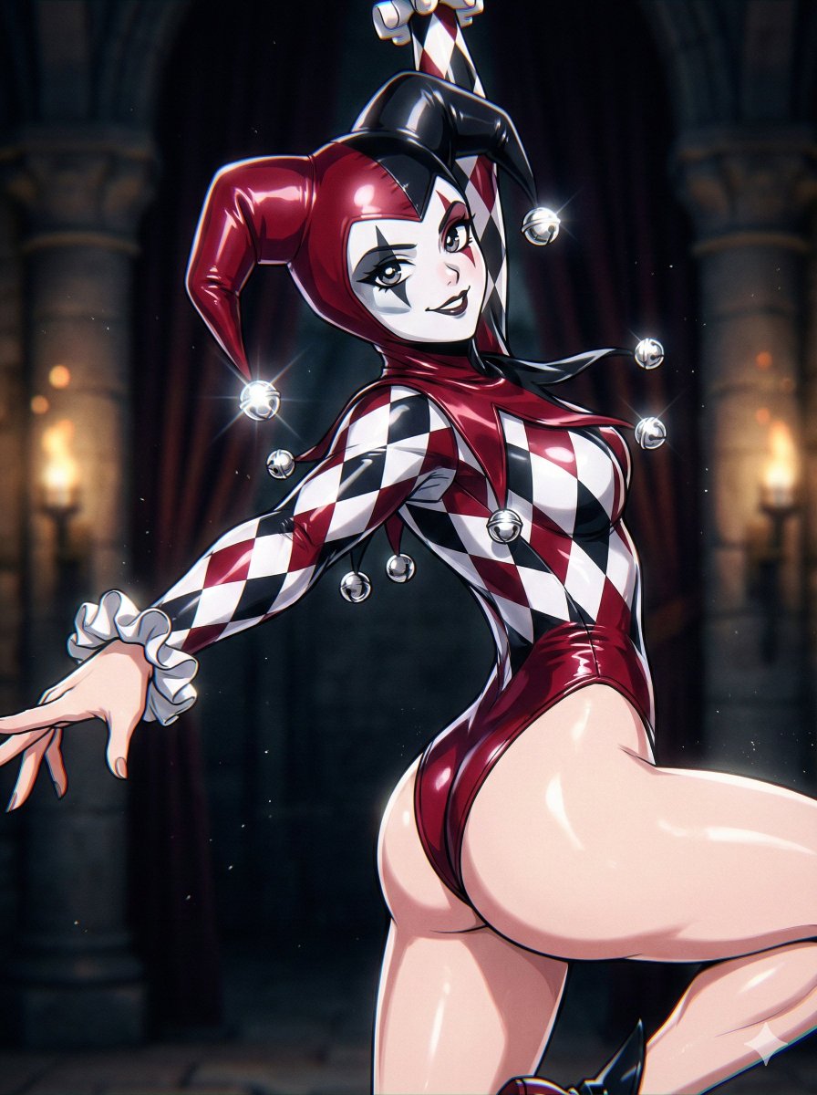 AI Prompt for Anime-Inspired Illustration of Flash-Lit Harlequin Girl with Intricate Castle Setting