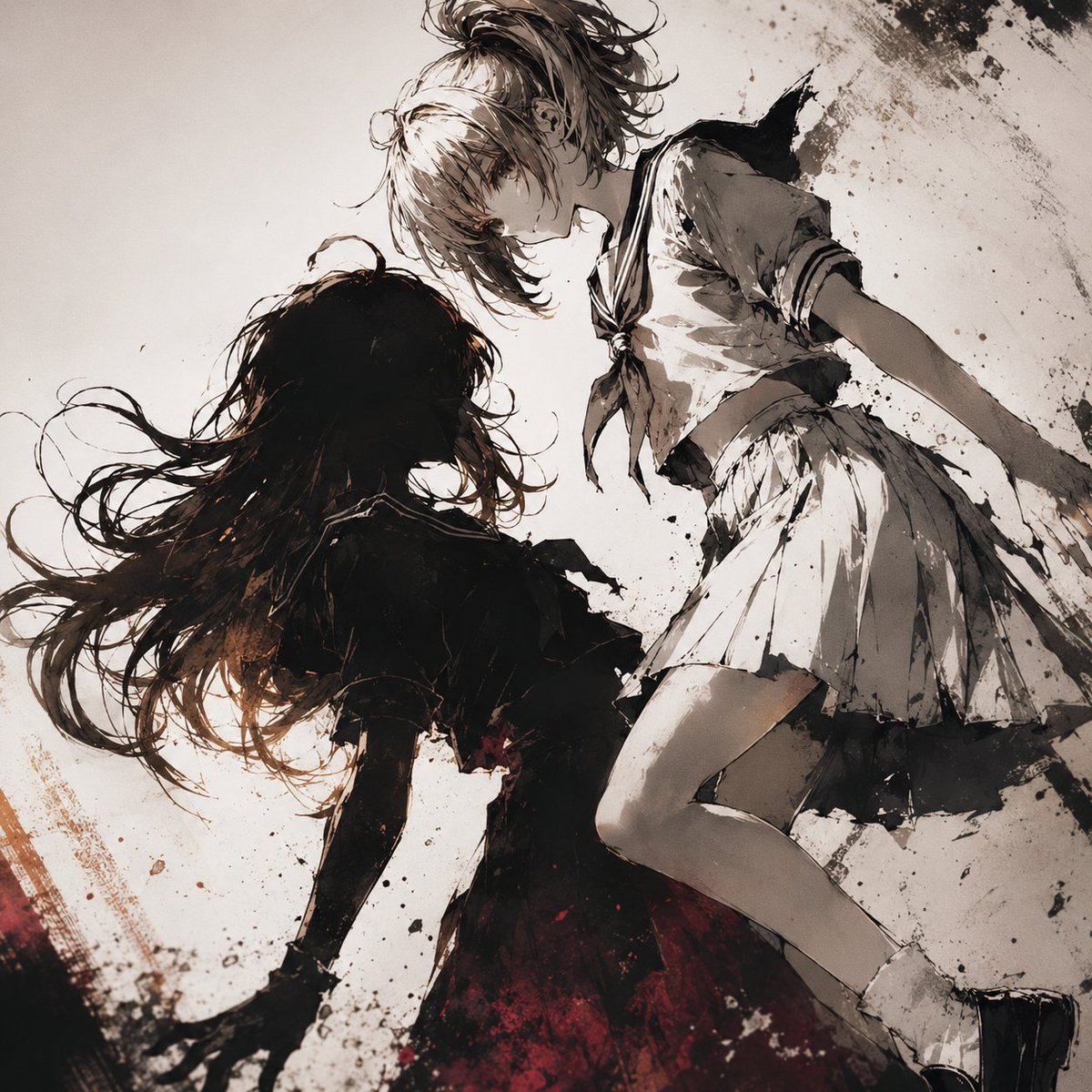 AI Prompt for Anime-Inspired Ink Wash Portrait of Two Girls