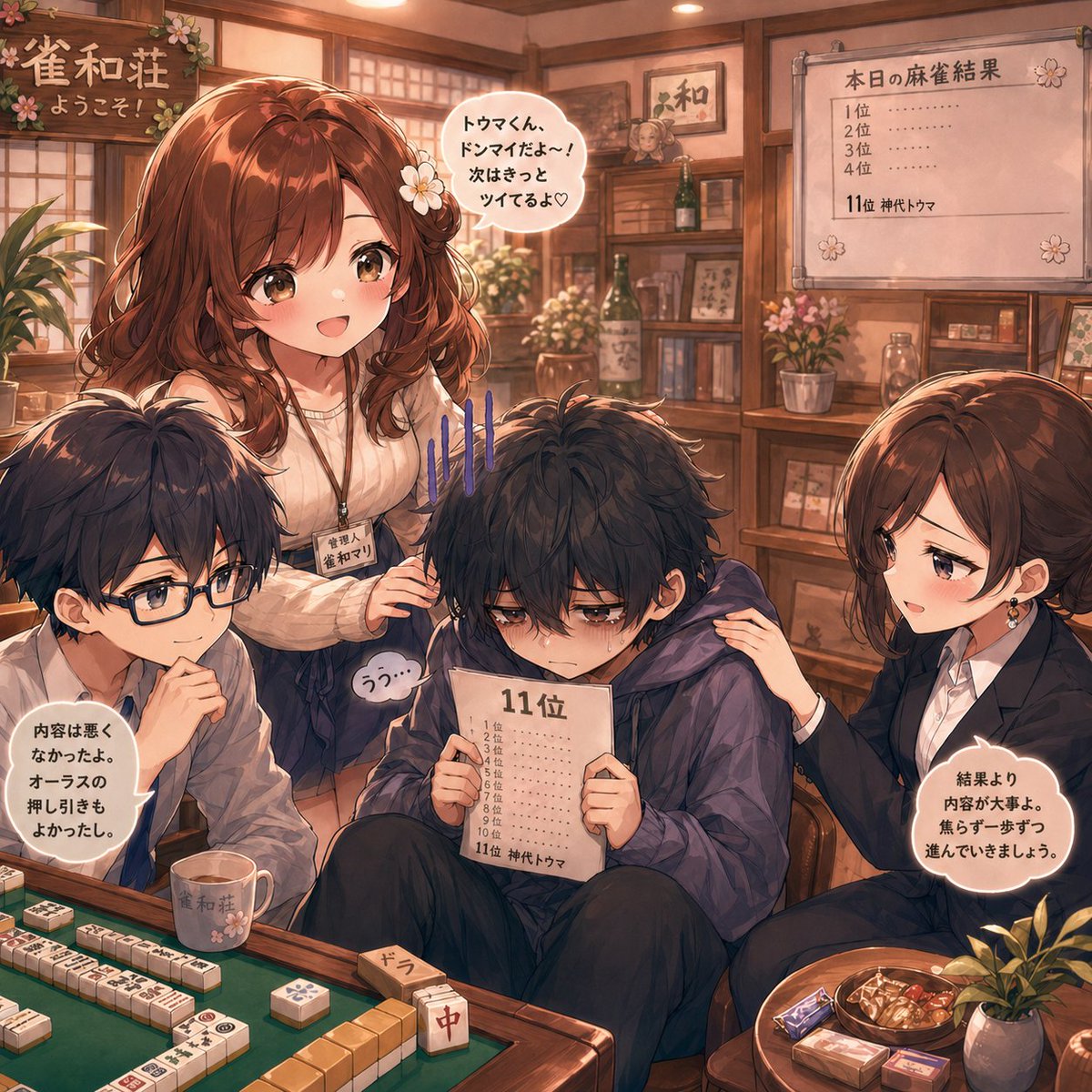 AI Prompt for Anime Mahjong Loss Consolation Scene Illustration