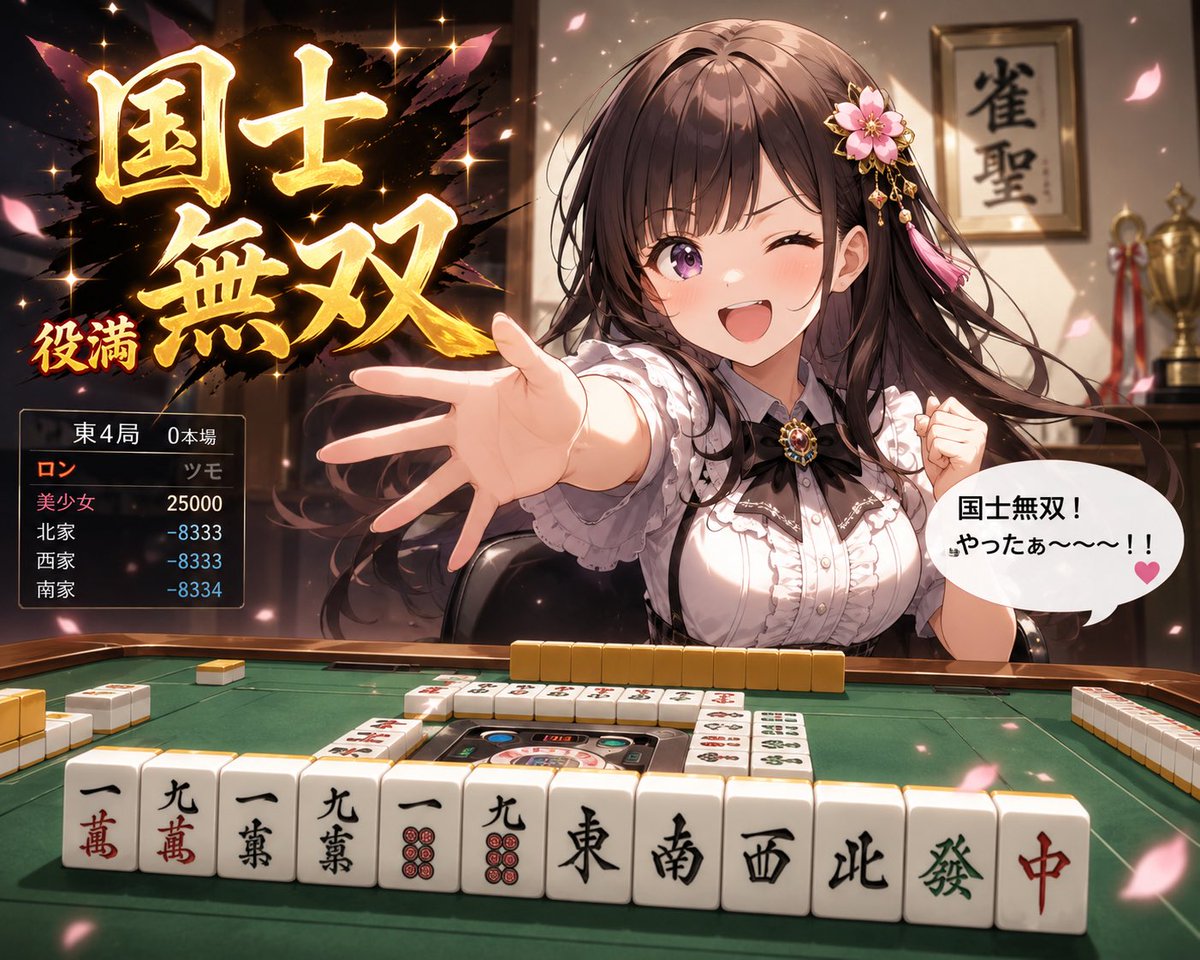 AI Prompt for Anime Mahjong Victory Scene: Generate a Cinematic Celebratory Moment with Japanese Text and Score UI