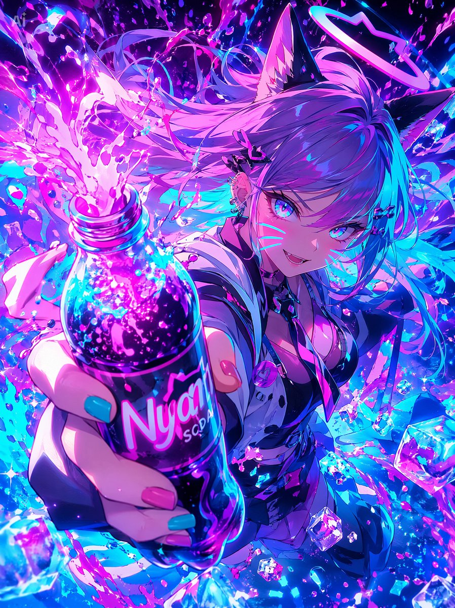 AI Prompt for Anime Neon Catgirl Soda Illustration