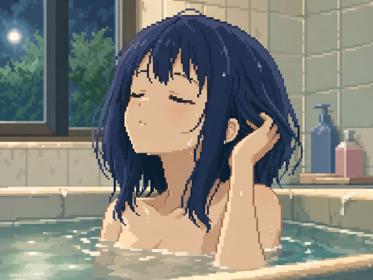 AI Prompt for Anime Pixel Art Bathroom Scene with Moonlit Relaxation