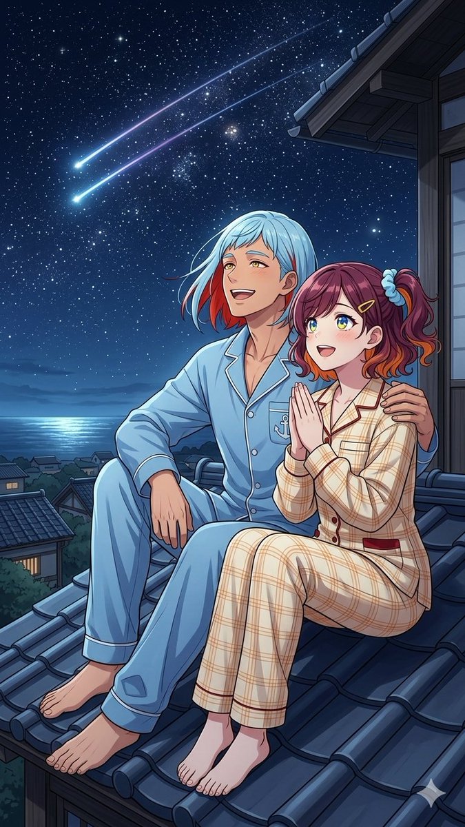 AI Prompt for Anime Rooftop Stargazing Couple Wallpaper