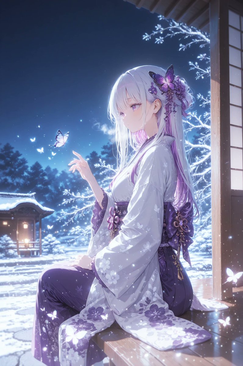 AI Prompt for Anime Scene: Kimono Girl with Glowing Butterflies in Snowy Japanese Garden