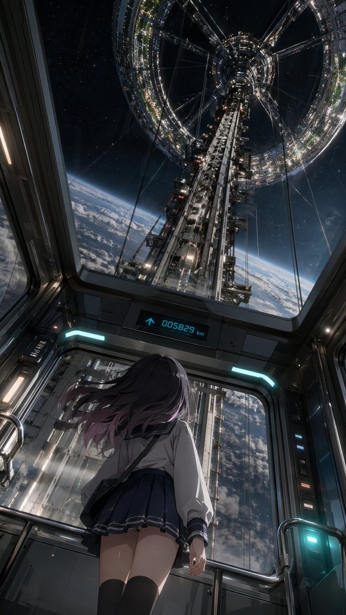 AI Prompt for Anime Space Structure Illustration with Character in Elevator