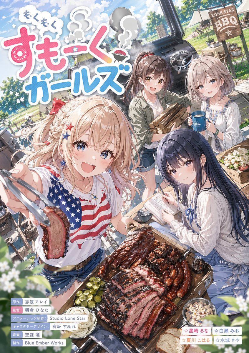 AI Prompt for Anime-Style BBQ Illustration with Four Girls