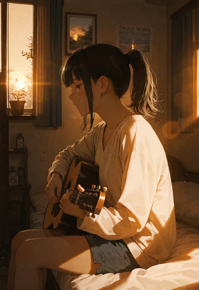 AI Prompt for Anime-Style Bedroom Illustration with Girl Playing Guitar in Sunset Light