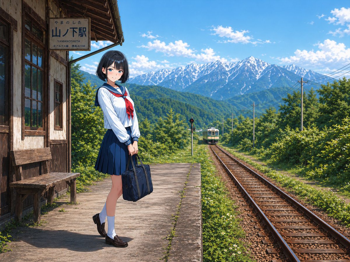 AI Prompt for Anime-Style Countryside Station Scene with Schoolgirl