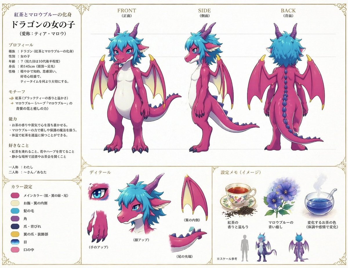 AI Prompt for Anime Style Dragon Girl Character Reference Sheet