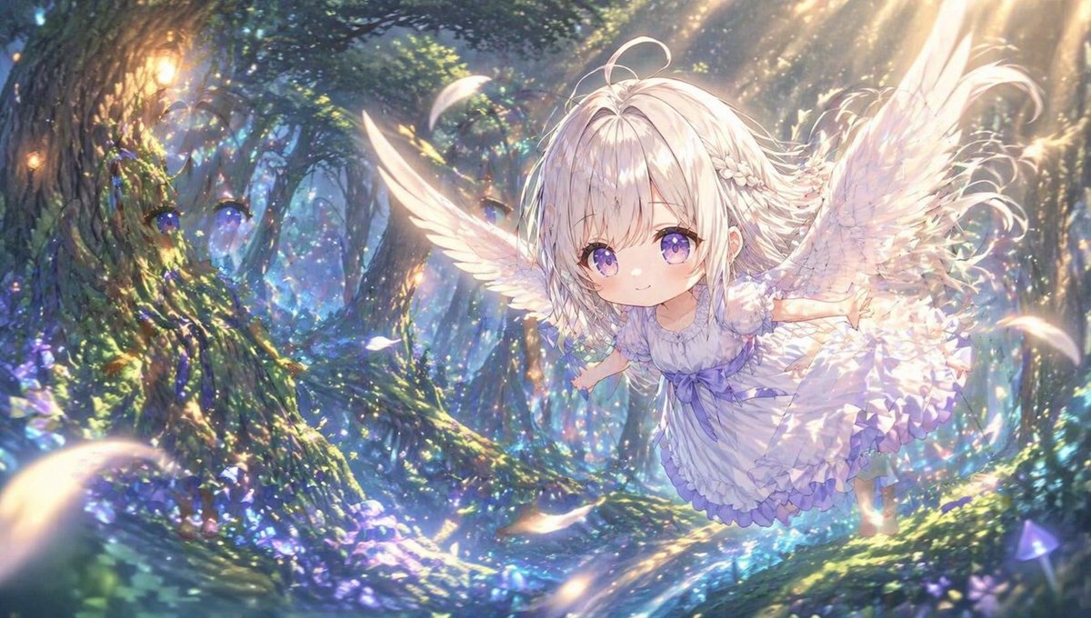 AI Prompt for Anime-Style Flying Chibi Angel Character in Bioluminescent Forest