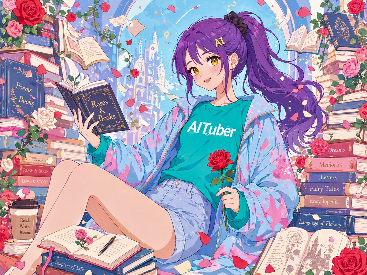AI Prompt for Anime-Style Girl with Roses and Books End Card Art