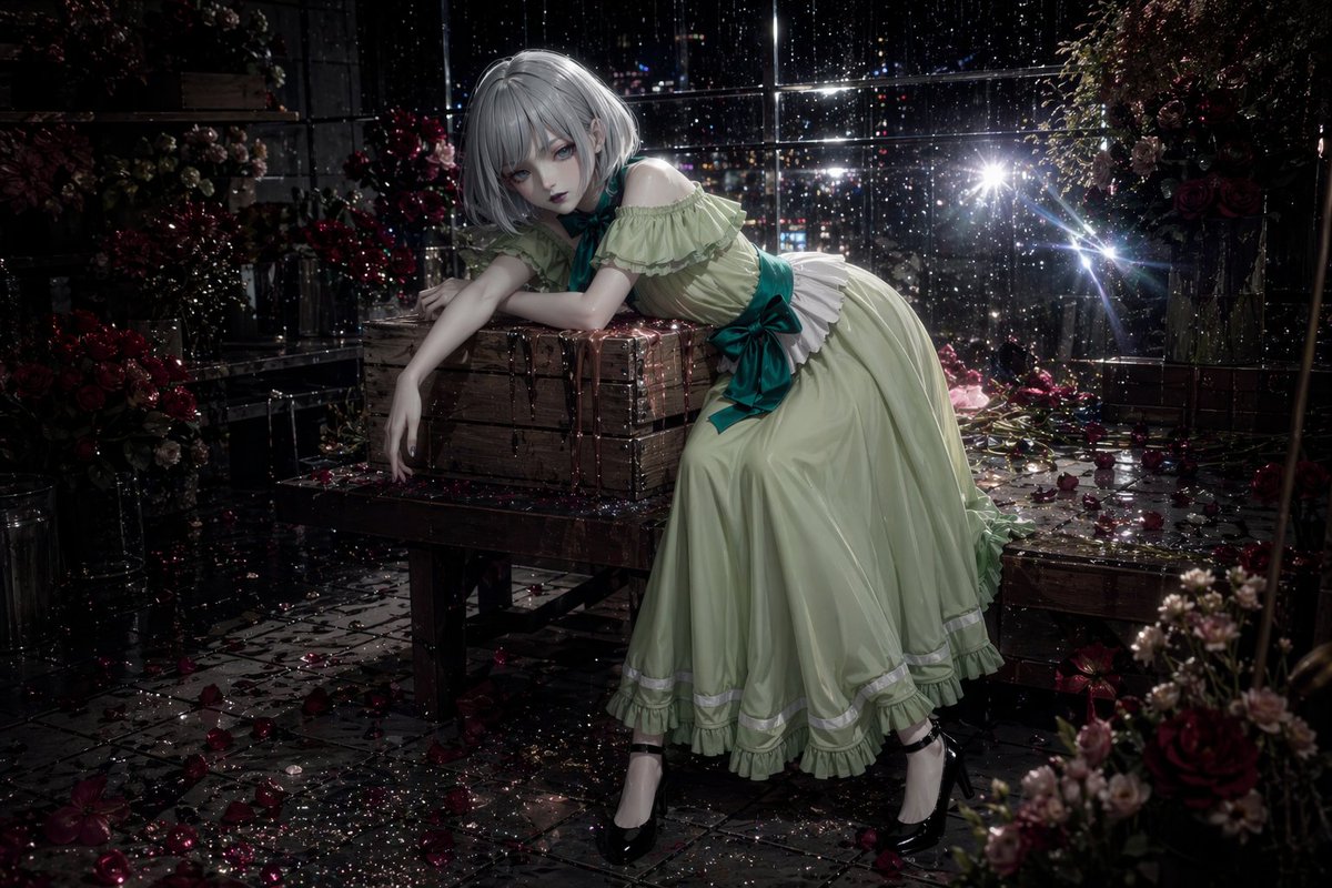 AI Prompt for Anime-Style Gothic Flower Portrait in Rainy Night Scene