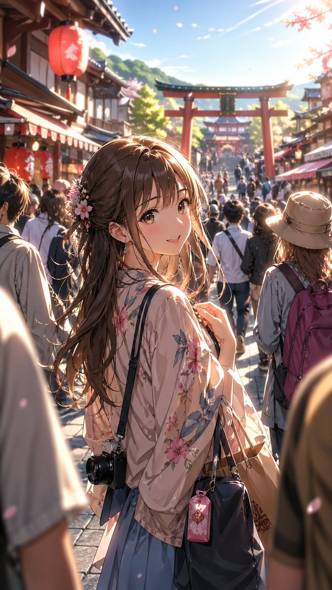 AI Prompt for Anime-Style Illustration of a Young Woman in a Japanese Shrine Street