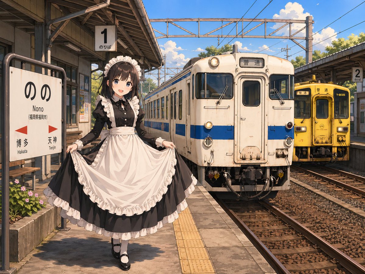 AI Prompt for Anime-Style Maid Illustration at Rural Train Station
