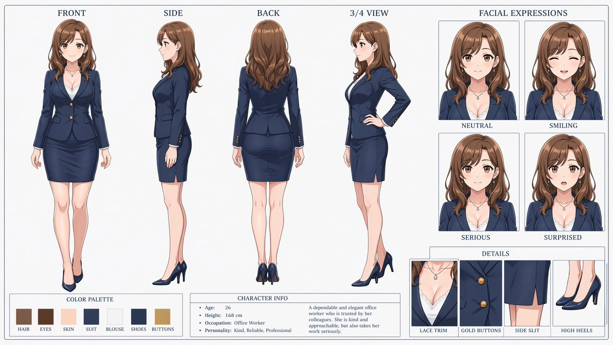 AI Prompt for Anime-Style Office Lady Character Turnaround Sheet