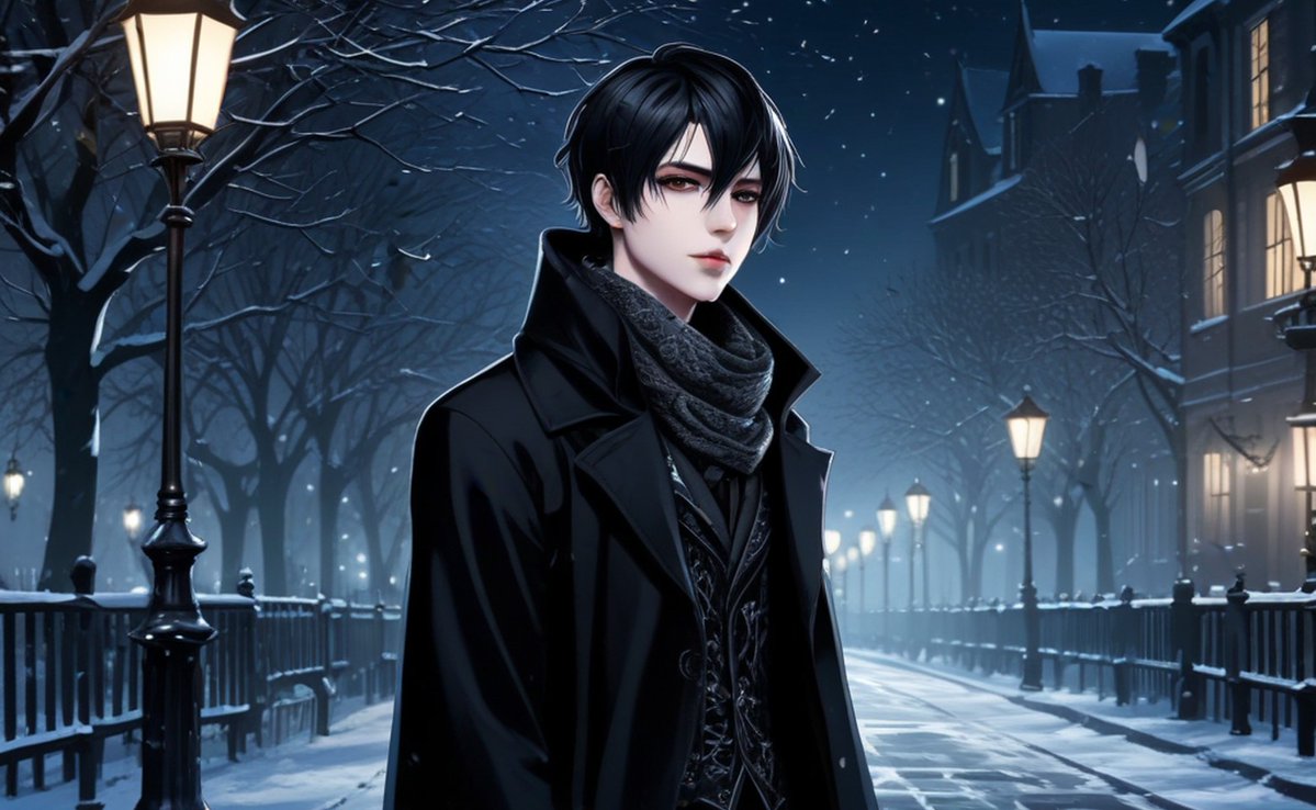 AI Prompt for Anime Style Portrait of Man in Dark Coat on Snowy Night