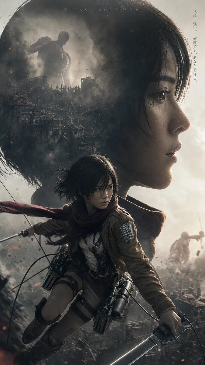 AI Prompt for Anime-Style Post-Apocalyptic Titan Movie Poster with Emotional Double Exposure
