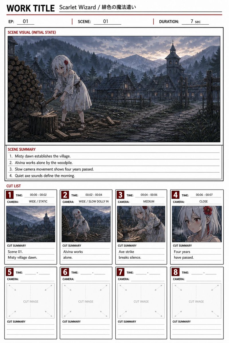 AI Prompt for Anime Styled Storyboard Sheet with 8 Cut Cards