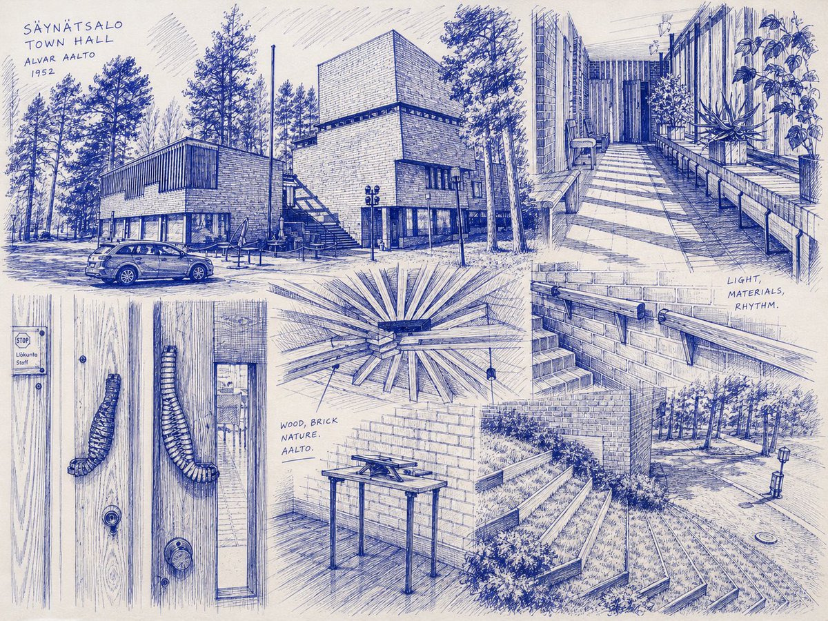 AI Prompt for Architectural Sketchbook: Alvar Aalto's Säynätsalo Town Hall Infographic