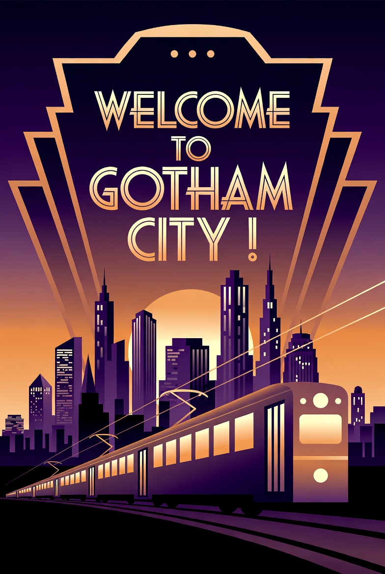 AI Prompt for Art Deco Gotham City Travel Poster with Elevated Tram