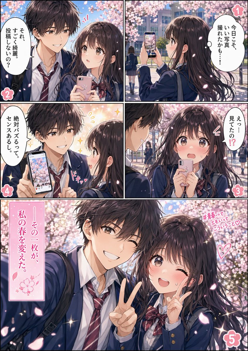 AI Prompt for Beautiful Shoujo Manga Page with Cherry Blossom School Romance Scene