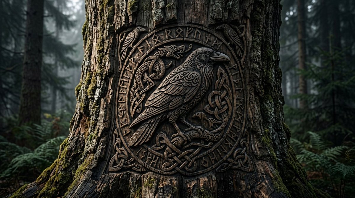 AI Prompt for Beautifully Uncarved Ancient Tree with Norse Wood Carving