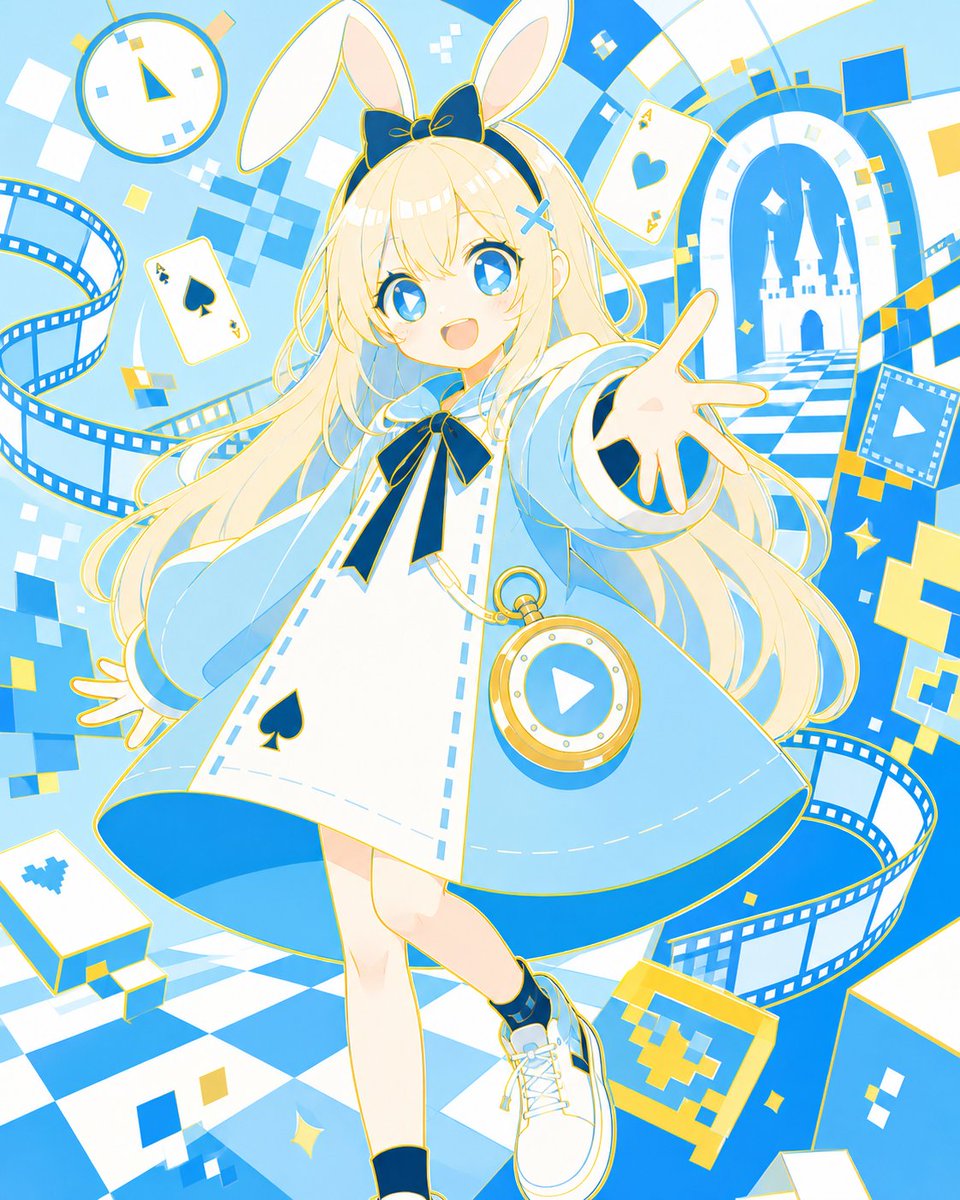 AI Prompt for Bright Anime Poster of Rabbit-Eared Alice in Digital Wonderland Setting