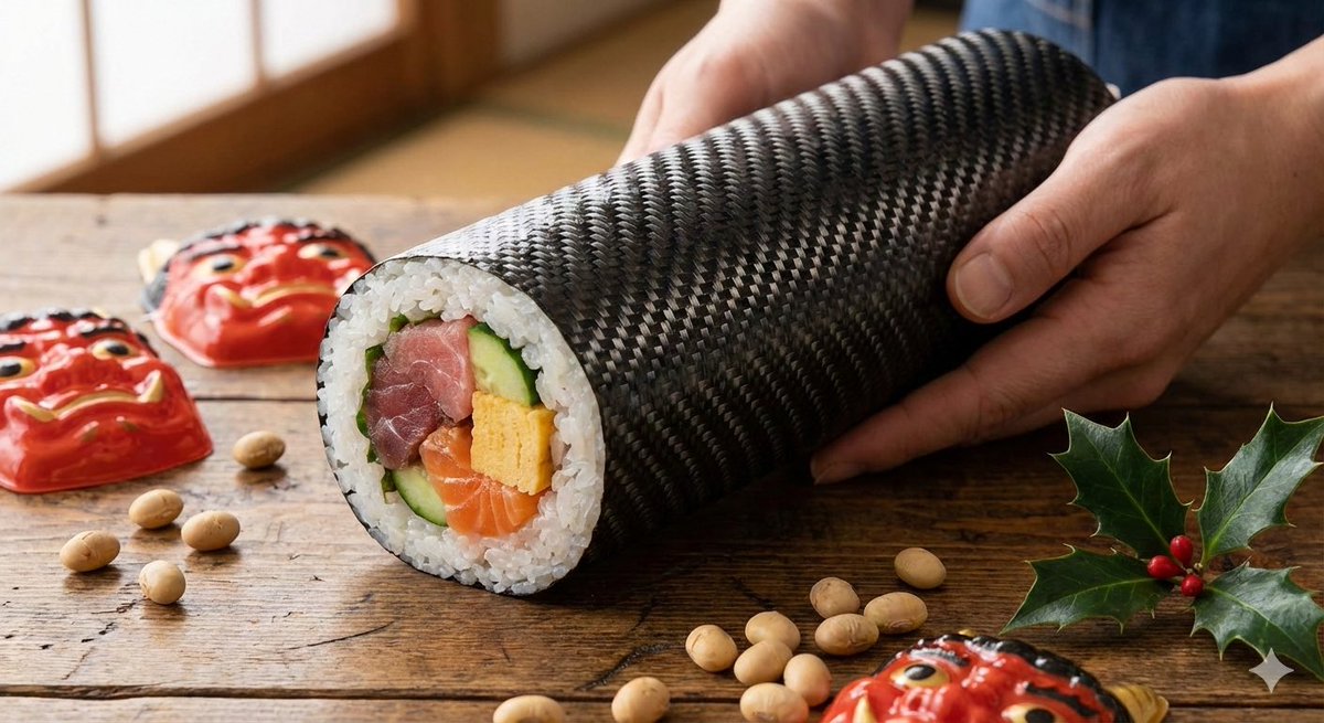 AI Prompt for Carbon Pattern Printed Ehomaki Sushi Roll Product Imagery