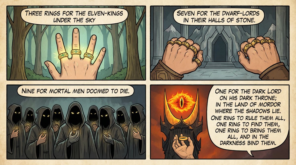 AI Prompt for Cel-Shaded Comic Strip Style J.R.R. Tolkien One Ring Inspiration