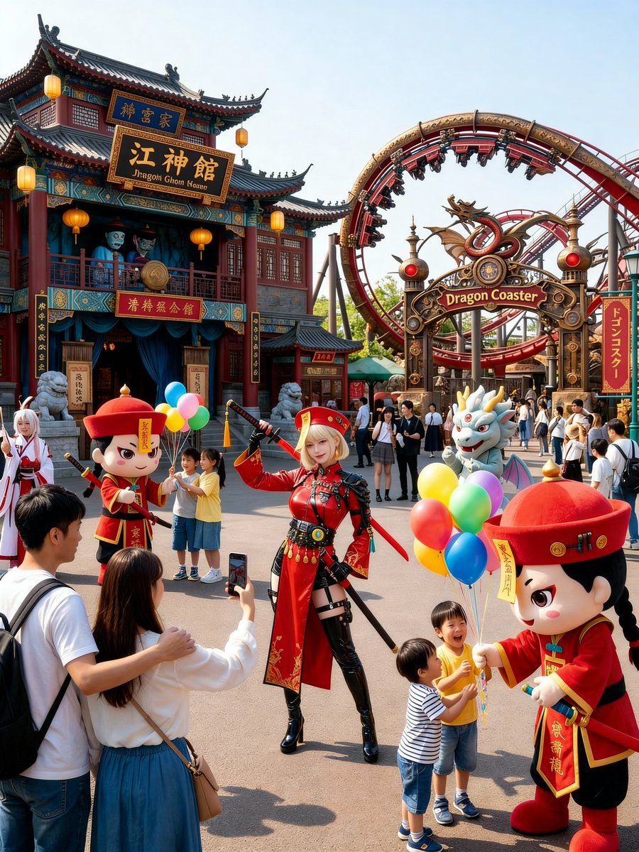 AI Prompt for Character Placement in Japanese Amusement Park Setting