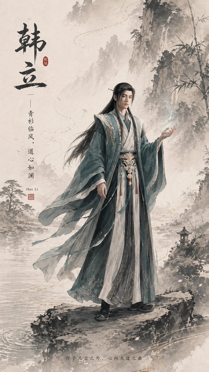 AI Prompt for Chinese Fantasy Character Poster with Ink Wash Illustration