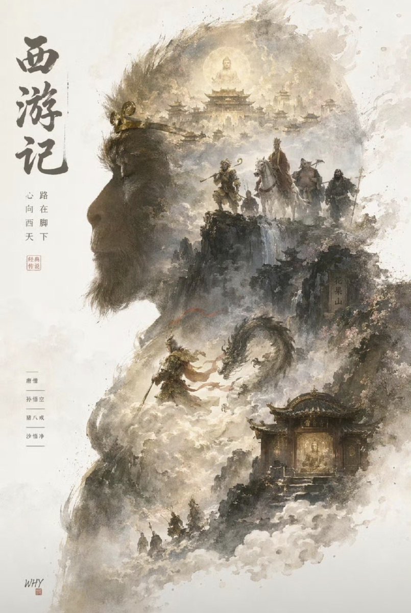 AI Prompt for Chinese Fantasy Poster with Double Exposure Silhouette