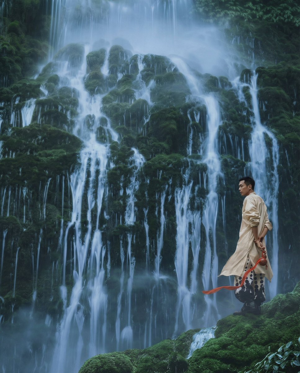 AI Prompt for Chinese Wuxia Style Fashion Image with Dramatic Waterfall Landscape