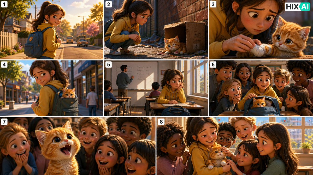 AI Prompt for Cinematic 3D Storyboard Collage: Schoolgirl Rescues Injured Kitten