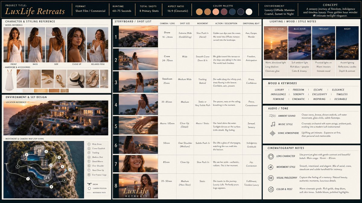 AI Prompt for Cinematic Commercial Storyboard Sheets with Shot Lists and Environmental Context