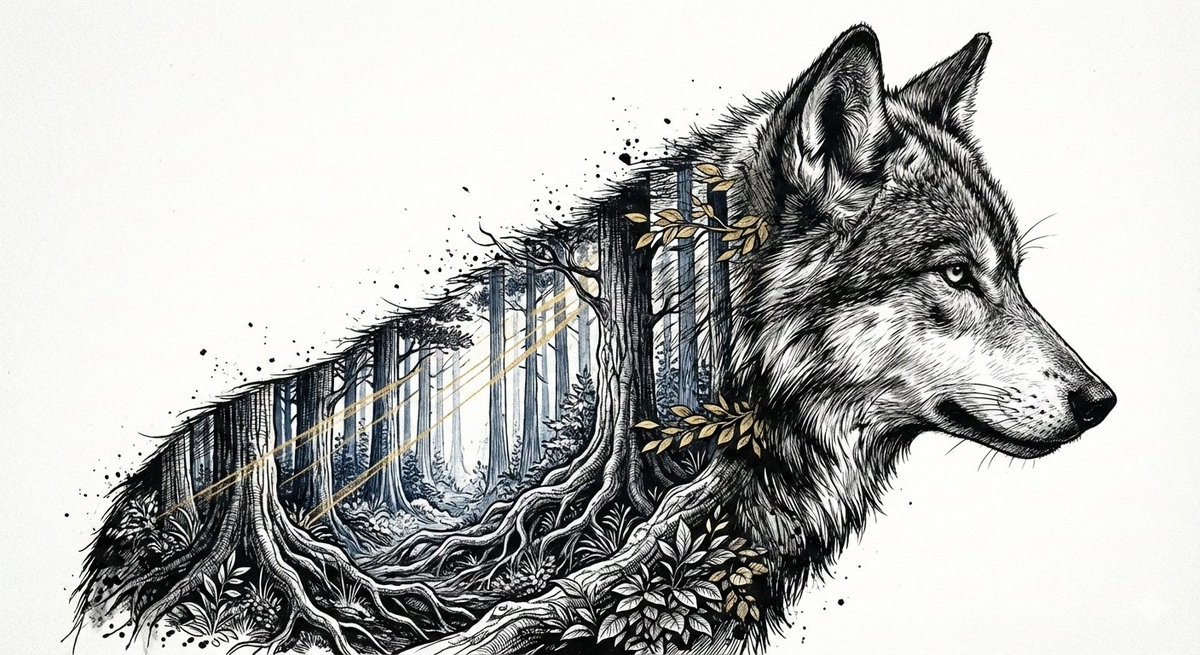 AI Prompt for Cinematic Ink-Style Wolf Portrait with Ancient Forest