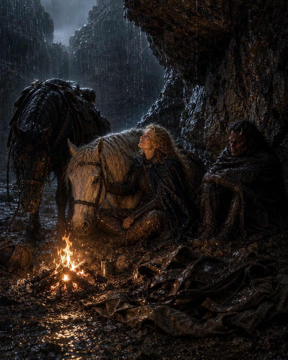 AI Prompt for Cinematic Medieval Fantasy Landscape with Resting Travelers and Horses by Campfire
