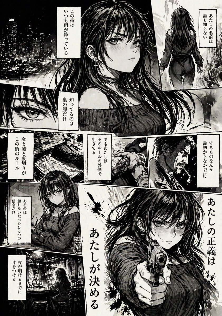 AI Prompt for Cinematic Noir Manga Art - Female Vigilante in Rainy Cityscape