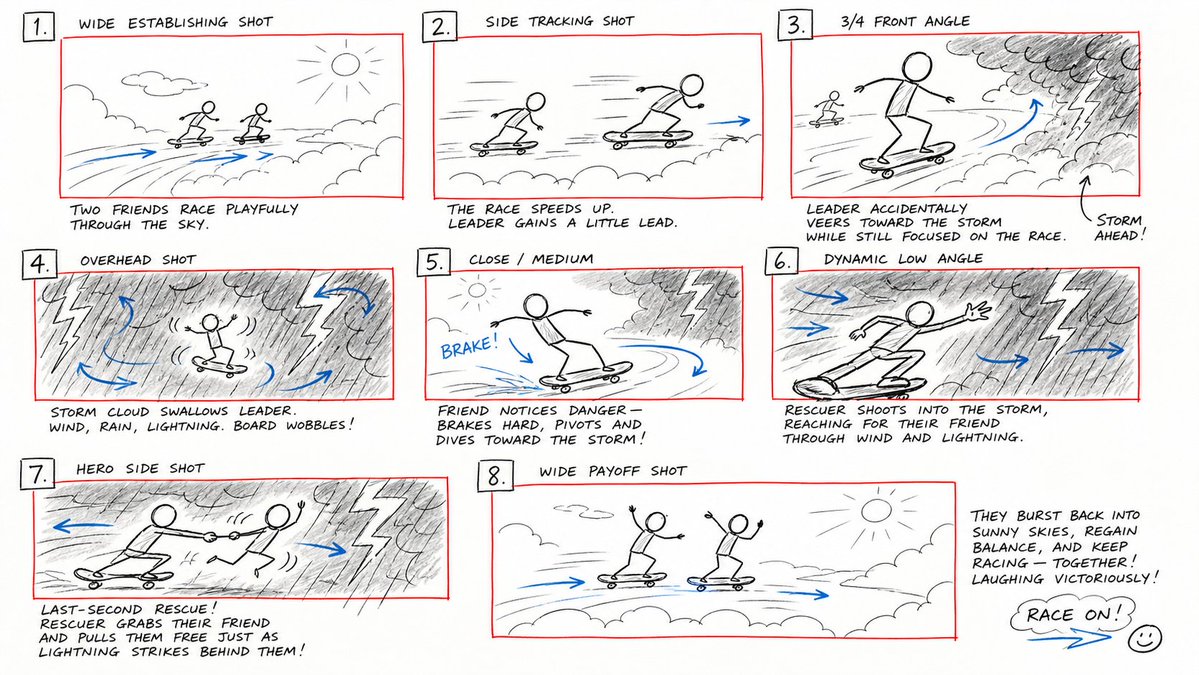 AI Prompt for Cinematic Storyboard Illustrations with Hand-Drawn Stick Figures and Camera Angles