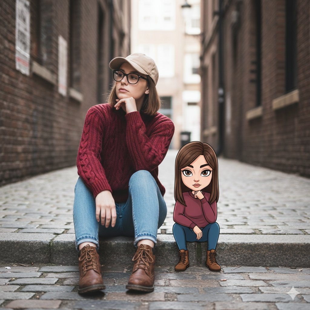 AI Prompt for Cinematic Street Portrait with Whimsical Illustrated Avatar