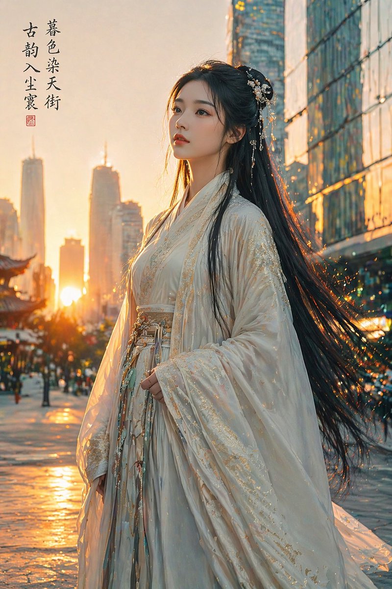 AI Prompt for Classical Chinese Beauty Urban Sunset Poster